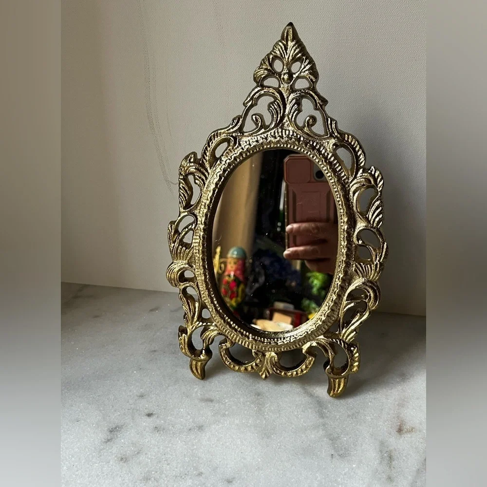 Ornate Vanity Mirror Oval metal Frame Scrollwork Tabletop Stand..